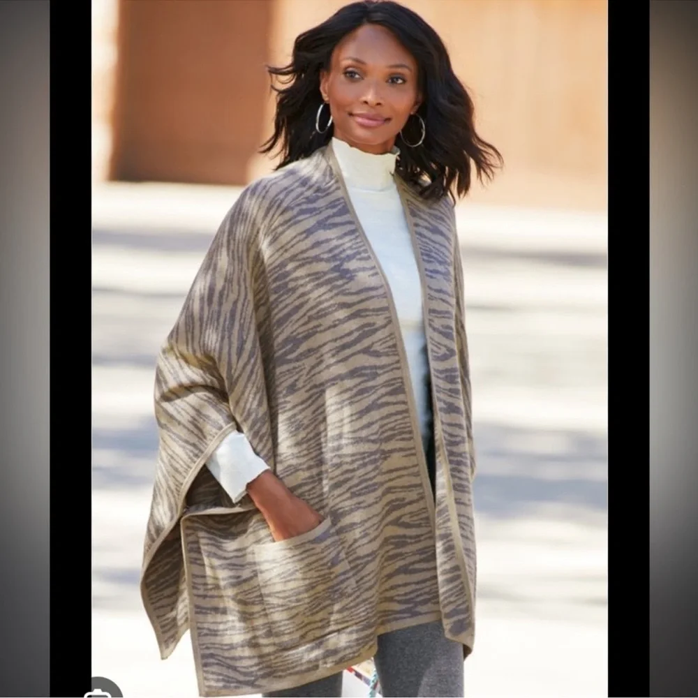 Soft Surrounding Poncho Sweater One Size Wool Cashmere Go Lively Zebra Wrap